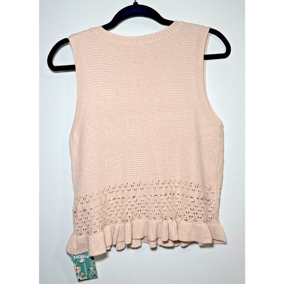 CiCiBIRD Sweater Crochet Ruffle Sleeveless Vest Tank Boho Beige Womens Med NWT - Picture 3 of 4